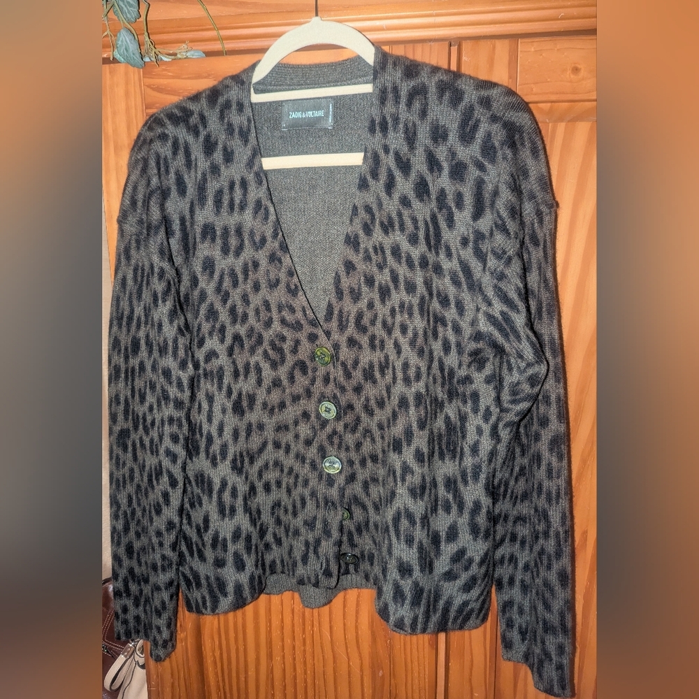 Zadig & Voltaire Mirka WS Leo Green Black Leopard Print Cashmere Cardigan. Xs